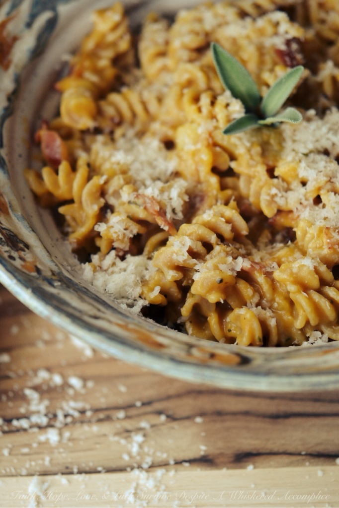 Fall Pumpkin Pasta - This easy-to-make pumpkin pasta dish is a great way to use up any leftover canned pumpkin you might have. It combines chopped thick-cut bacon, fresh sage, and apple in a creamy pumpkin sauce, topped with parmesan cheese. For a more filling meal, you can even add in diced chicken, spinach, or even mushrooms.