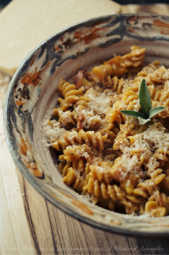 Fall Pumpkin Pasta - This easy-to-make pumpkin pasta dish is a great way to use up any leftover canned pumpkin you might have. It combines chopped thick-cut bacon, fresh sage, and apple in a creamy pumpkin sauce, topped with parmesan cheese. For a more filling meal, you can even add in diced chicken, spinach, or even mushrooms.