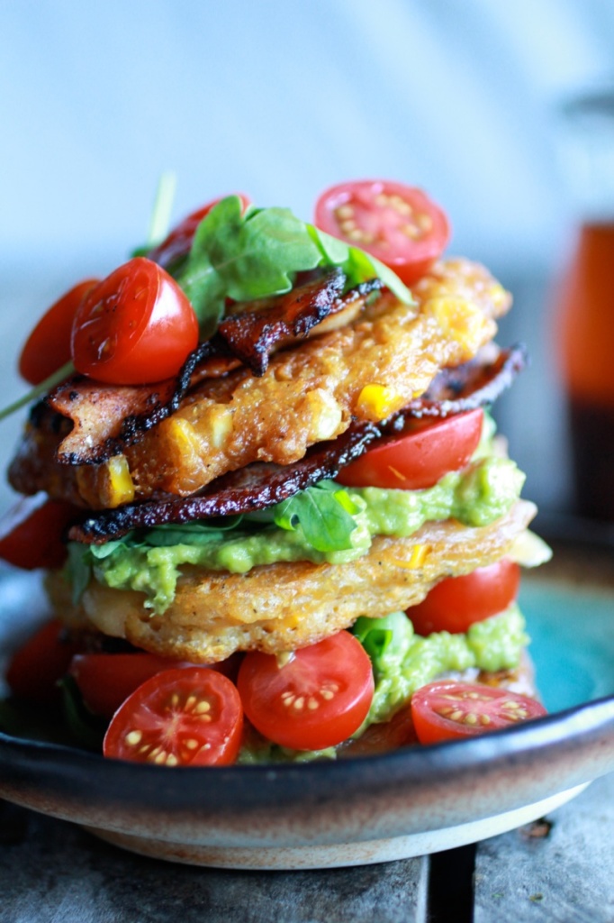 Avocado and Gouda BLT Corn Fritter Stacks with Chipotle Bourbon Dressing | Faith, Hope, Love, and Luck Survive Despite a Whiskered Accomplice
