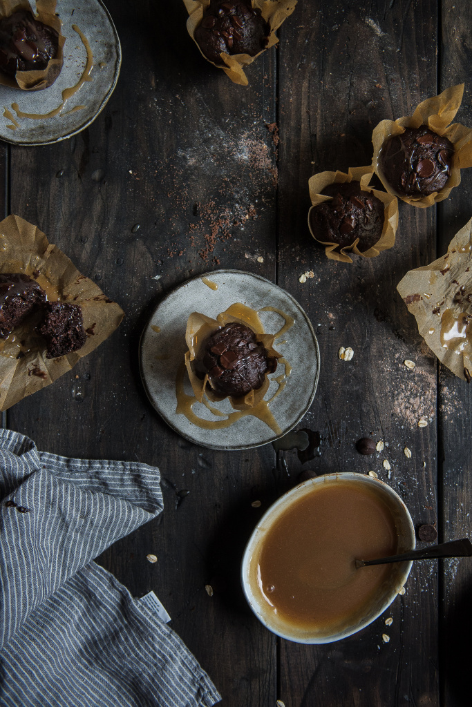 Whole Grain Double Chocolate Muffins with Salted Caramel Sauce | Faith, Hope, Love, and Luck Survive Despite a Whiskered Accomplice