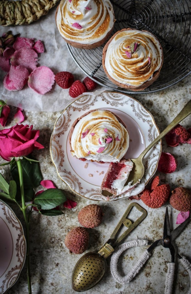 Raspberry and Lychee Curd Tarts with Crystallised Rose Petal Meringue | Faith, Hope, Love, and Luck Survive Despite a Whiskered Accomplice