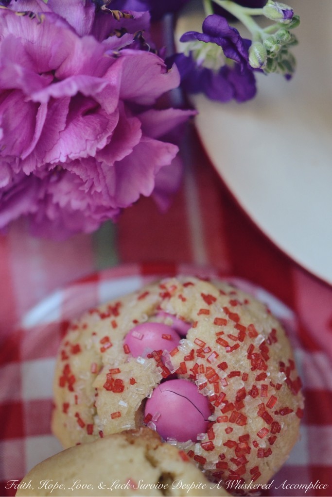 Valentine's Tea Cookies - Celebrate Valentine's Day with these Valentine's Tea Cookies, which are filled with a healthy dose of Milk Chocolate M&M's and generously sprinkled with red and white sanding sugar.