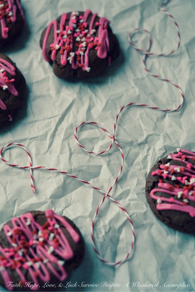 Rose Velvet Chocolate Chip Cookies - Instead of red velvet cookies, these Valentine's Day chocolate chip cookies are rose velvet cookies. They're made using rose icing color, unsweetened cocoa powder, and a generous amount of bittersweet chocolate chips. After being drizzled with rose-colored icing and sprinkled with lots of tiny candy heart sprinkles, these lovely sweet cookies are ready to be given to your special Valentine.