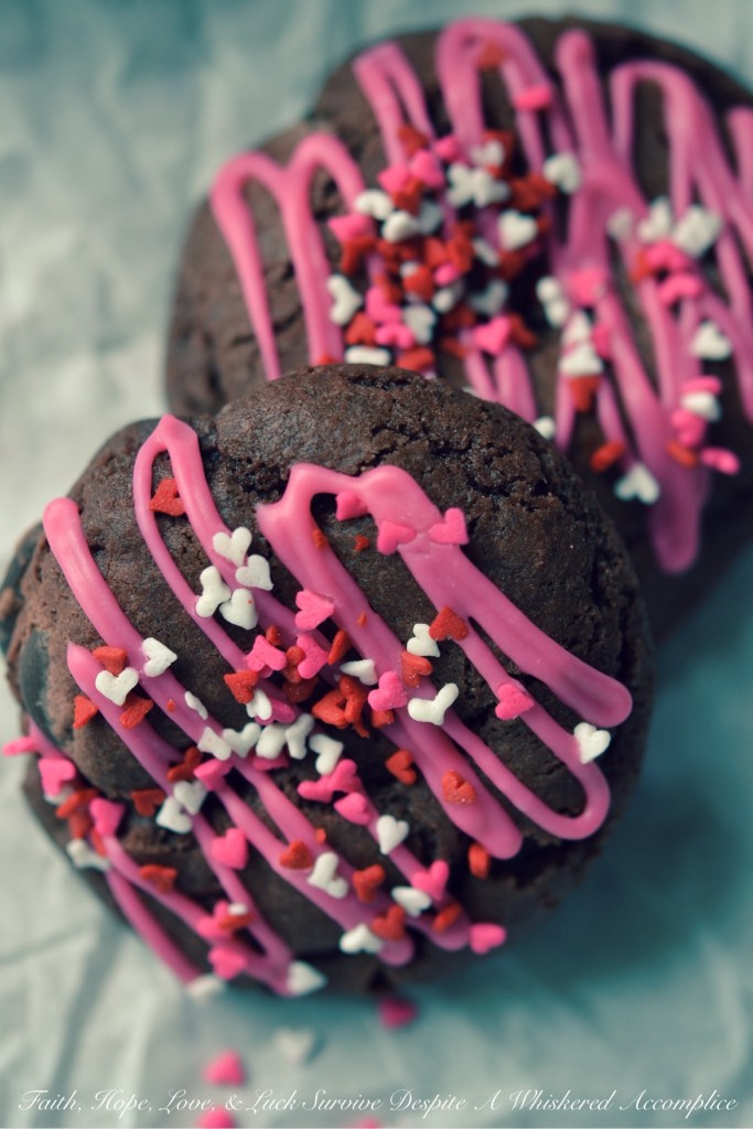 Rose Velvet Chocolate Chip Cookies - Instead of red velvet cookies, these Valentine's Day chocolate chip cookies are rose velvet cookies. They're made using rose icing color, unsweetened cocoa powder, and a generous amount of bittersweet chocolate chips. After being drizzled with rose-colored icing and sprinkled with lots of tiny candy heart sprinkles, these lovely sweet cookies are ready to be given to your special Valentine.