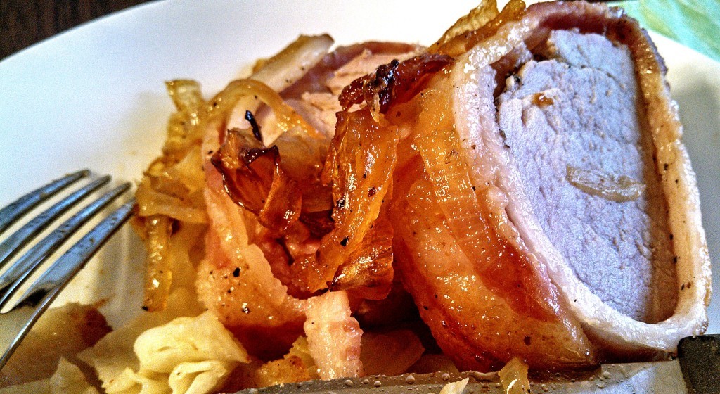 Bacon Wrapped Pork Tenderloin with Candied Onions | Faith, Hope, Love, and Luck Survive Despite a Whiskered Accomplice