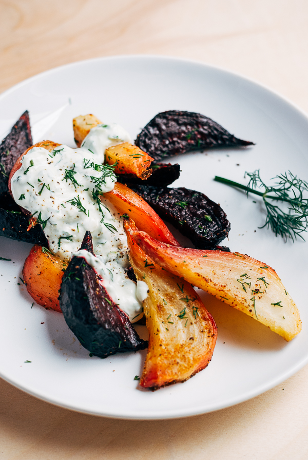 Roasted Beet Wedges with Herbed Green Onion Tzatziki | Faith, Hope, Love, and Luck Survive Despite a Whiskered Accomplice