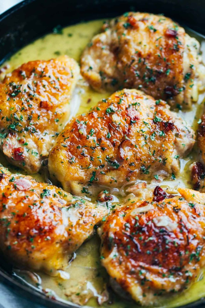 Skillet Chicken with Bacon and White Wine Sauce | Faith, Hope, Love, and Luck Survive Despite a Whiskered Accomplice