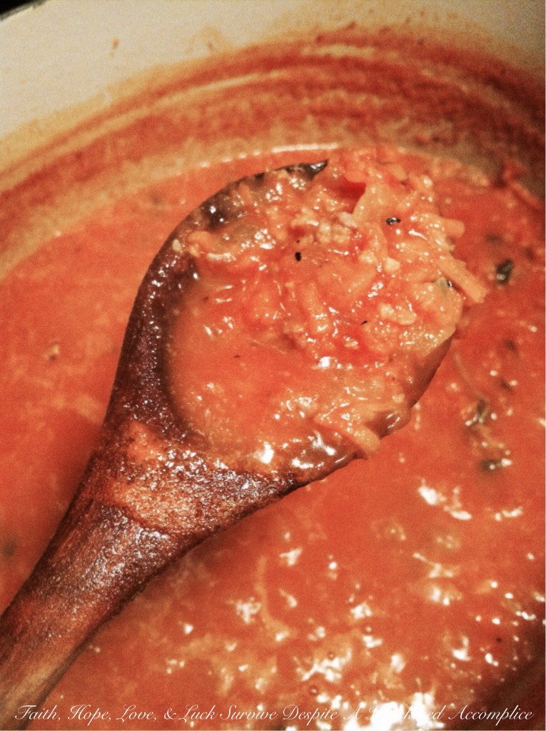 Garden Tomato Sauce with Italian Sausage and Prosciutto | Faith, Hope, Love, and Luck Survive Despite a Whiskered Accomplice