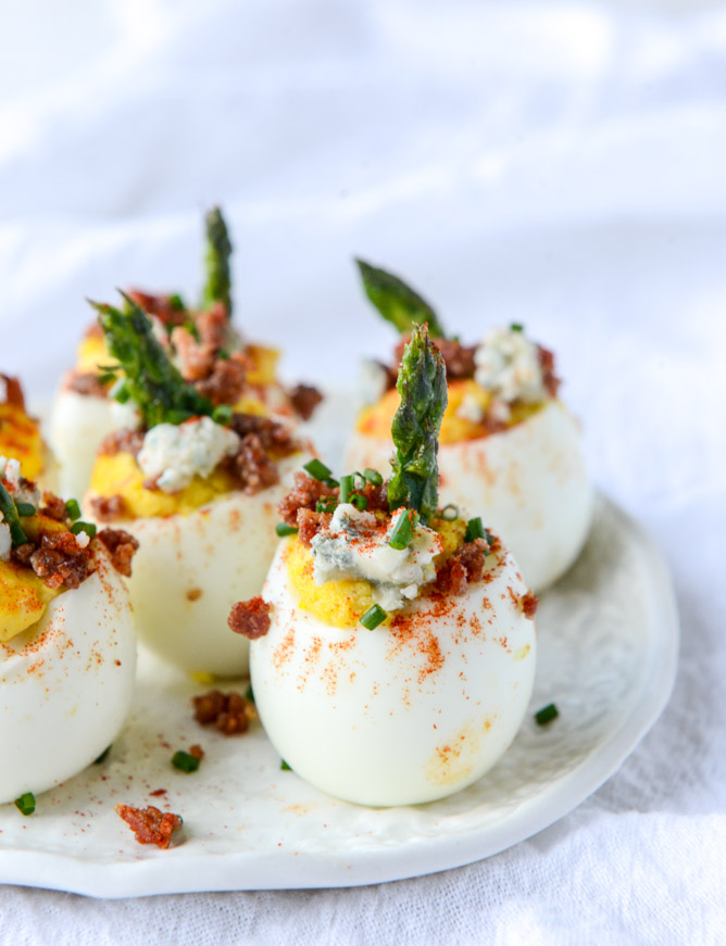 Bacon Blue Deviled Eggs with Roasted Garlic and Asparagus | Faith, Hope, Love, and Luck Survive Despite a Whiskered Accomplice