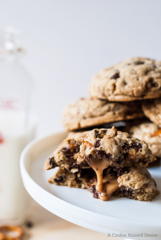Beer and Pretzel Stuffed Caramel Stuffed Chocolate Chip Cookies | Faith, Hope, Love, and Luck Survive Despite a Whiskered Accomplice