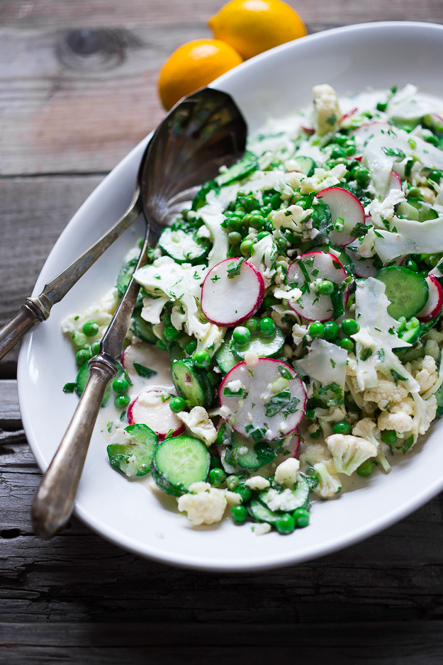 Shaved Cauliflower and Spring Pea Salad with Yogurt and Mint | Faith, Hope, Love, and Luck Survive Despite a Whiskered Accomplice