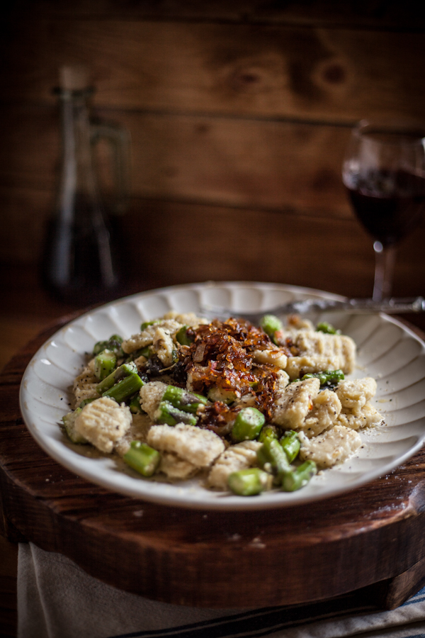 Toasted Sage Gnocchi with Sauteed Asparagus and Caramelized Shallots | Faith, Hope, Love, and Luck Survive Despite a Whiskered Accomplice