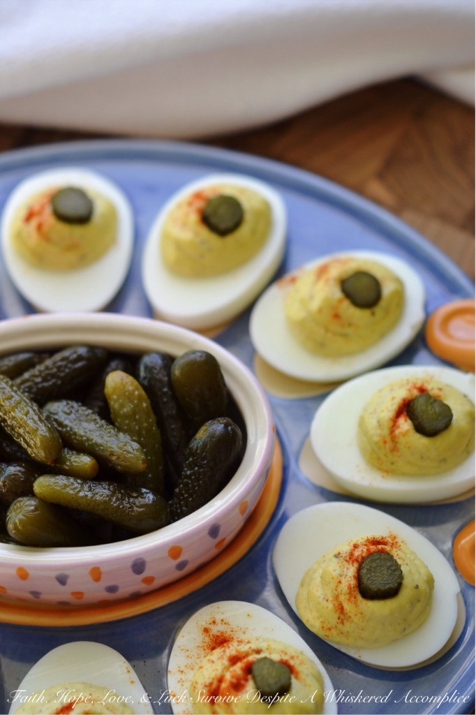 Sweet Gherkin Deviled Eggs | Faith, Hope, Love, and Luck Survive Despite a Whiskered Accomplice