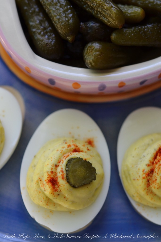 Sweet Gherkin Deviled Eggs | Faith, Hope, Love, and Luck Survive Despite a Whiskered Accomplice