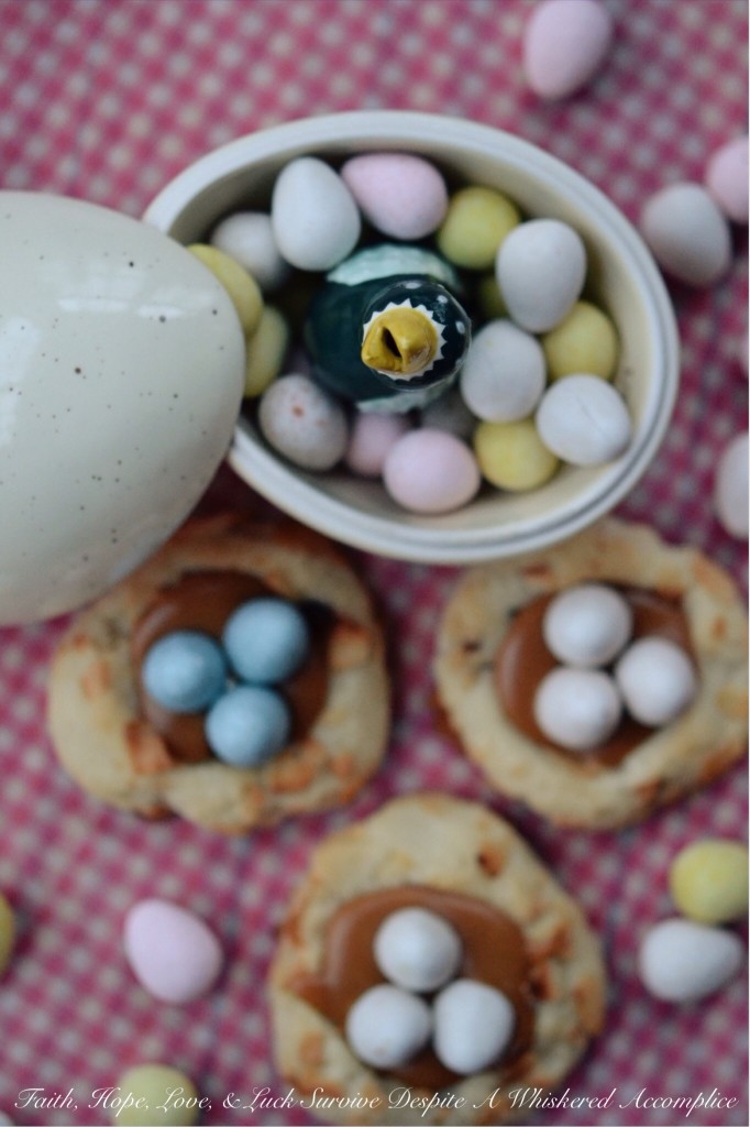 Pretzel Birds Nest Cookies - These charming little spring cookies get their nest-like appearance thanks to crushed pretzels and flaked coconut. After being filled with melted caramel and then topped with a few chocolate candy eggs, these sweet, heavenly thumbprint cookies are ready for some serious Easter munching.
