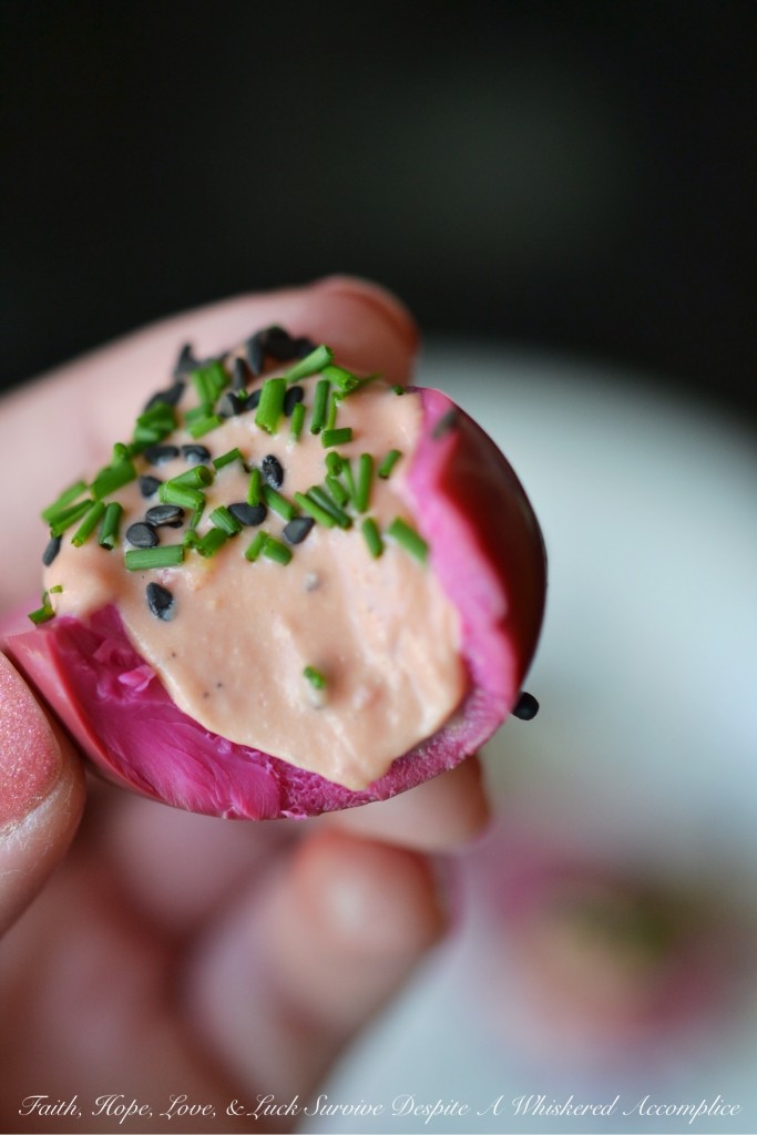 Sweet and Sour Deviled Pickled Eggs | Faith, Hope, Love, and Luck Survive Despite a Whiskered Accomplice