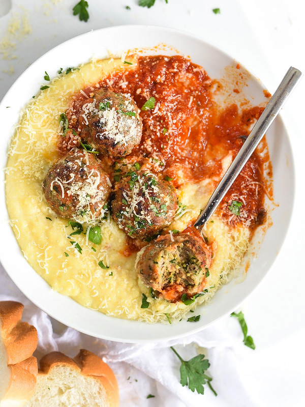 Baked Turkey Meatballs with Creamy Polenta and Marinara | Faith, Hope, Love, and Luck Survive Despite a Whiskered Accomplice