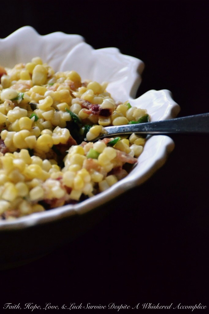 Smoky Creamed Corn with Bacon & Scallions | Faith, Hope, Love, and Luck Survive Despite a Whiskered Accomplice