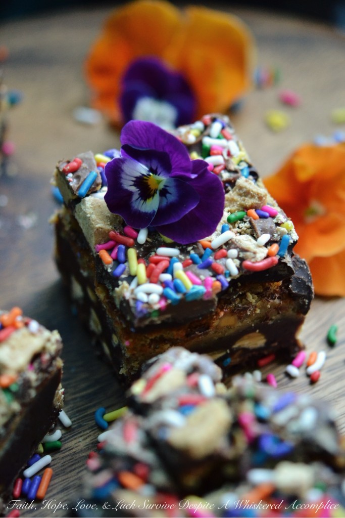 Reese's Birthday Sprinkle Brownie Cheesecake Bars | Faith, Hope, Love, and Luck Survive Despite a Whiskered Accomplice
