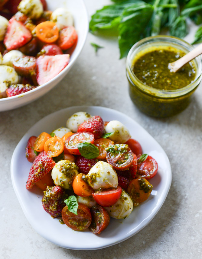 Strawberry Caprese with Pistachio Pesto | Faith, Hope, Love, and Luck Survive Despite a Whiskered Accomplice