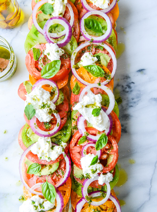 Heirloom Tomato, Avocado and Burrata Salad on Grilled Garlic Toast | Faith, Hope, Love, and Luck Survive Despite a Whiskered Accomplice