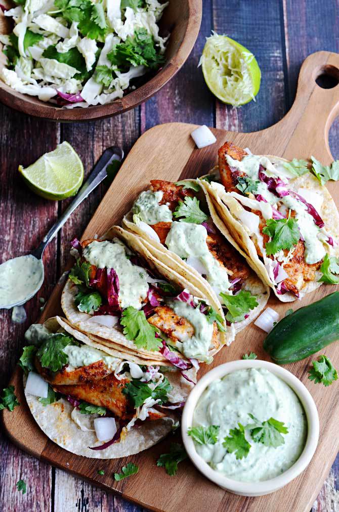 Blackened Fish Tacos with Avocado-Cilantro Sauce | Faith, Hope, Love, and Luck Survive Despite a Whiskered Accomplice