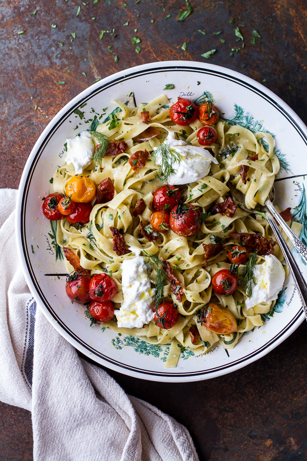 Garlic and Herb Roasted Cherry Tomato Carbonara with Crispy Prosciutto and Burrata | Faith, Hope, Love, and Luck Survive Despite a Whiskered Accomplice