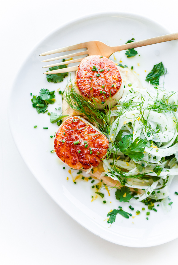 Seared Scallops with Hummus and Shaved Fennel Salad | Faith, Hope, Love, and Luck Survive Despite a Whiskered Accomplice