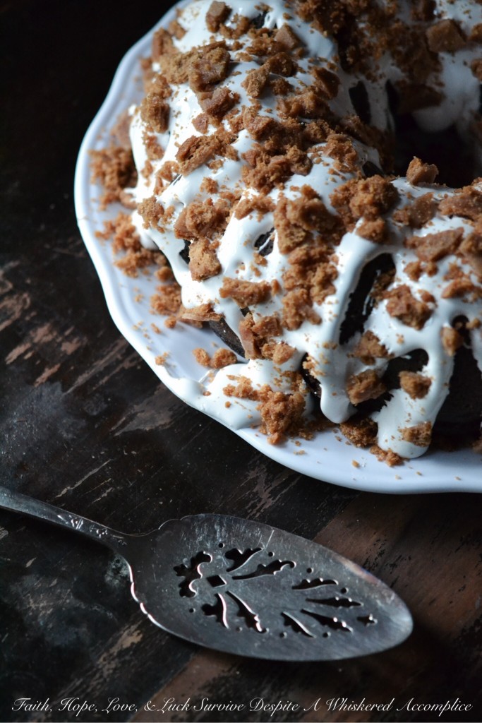 Salted Marshmallow and Graham Crack S'more Bundt Cake - #BundtBakers | Faith, Hope, Love, and Luck Survive Despite a Whiskered Accomplice