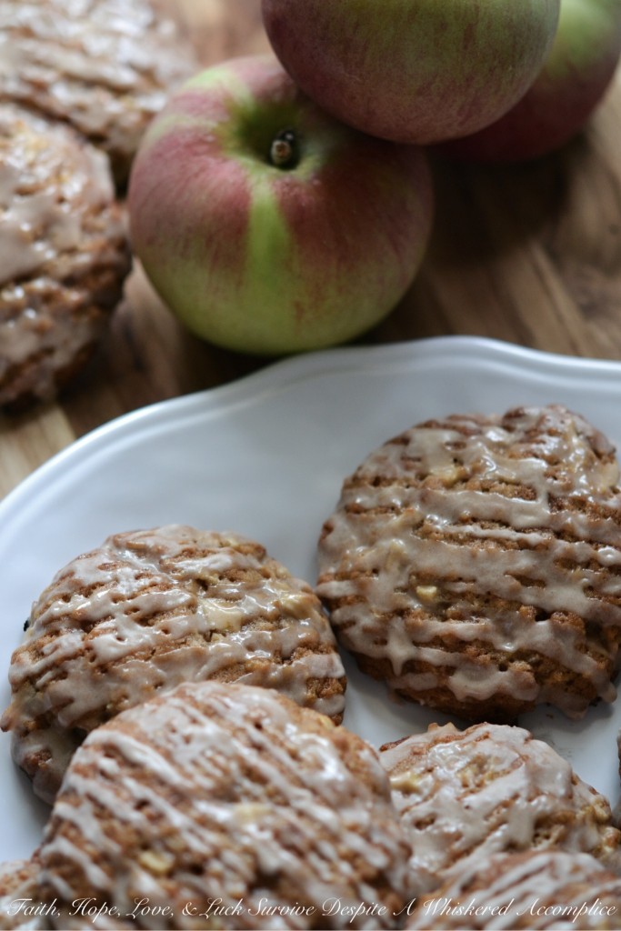 Iced Oatmeal Apple Toffee Cookies - There's nothing quite like an iced oatmeal cookie. Classic and delicious. However, when you add in toffee bits and finely diced apples, things get even better. And, as if that wasn't good enough, swirl some cinnamon sugar glaze on top. Now, we're talking iced oatmeal apple toffee cookie heaven.