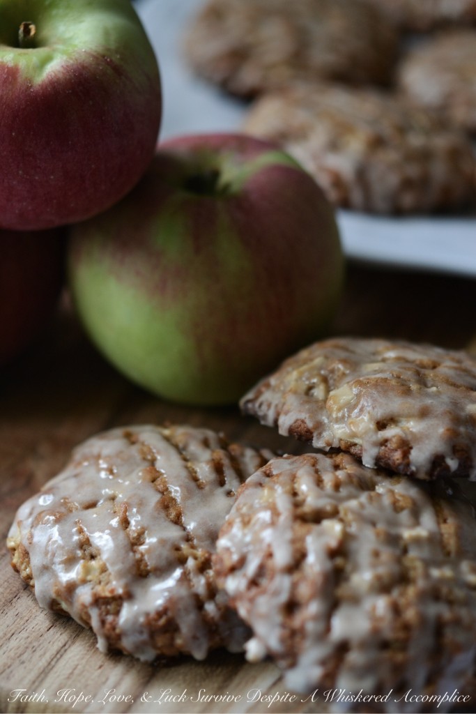 Iced Oatmeal Apple Toffee Cookies - There's nothing quite like an iced oatmeal cookie. Classic and delicious. However, when you add in toffee bits and finely diced apples, things get even better. And, as if that wasn't good enough, swirl some cinnamon sugar glaze on top. Now, we're talking iced oatmeal apple toffee cookie heaven.