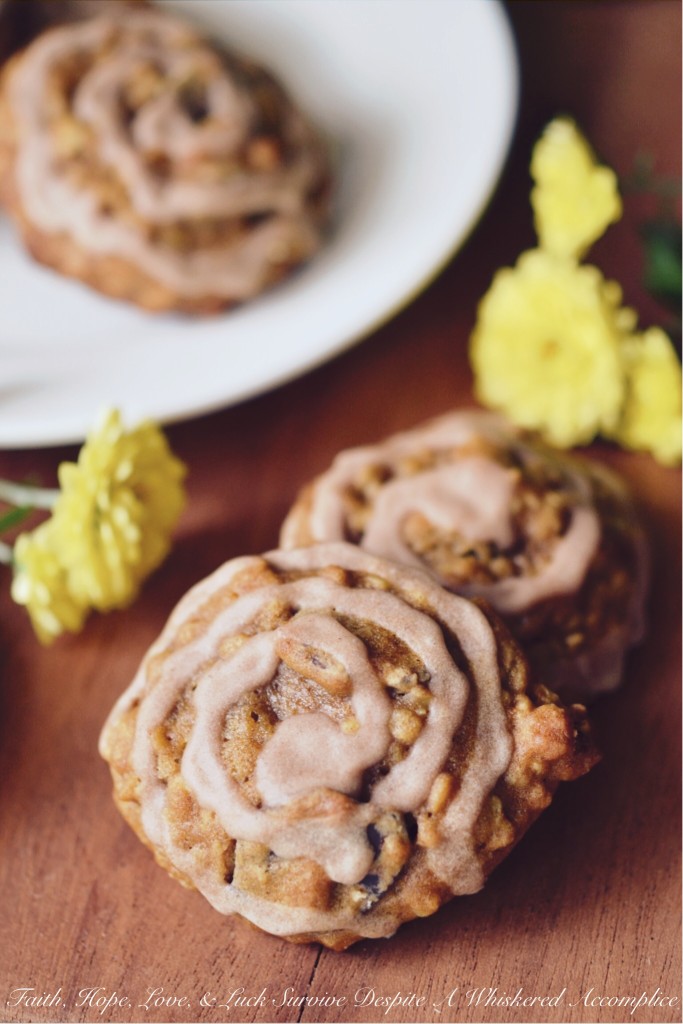 Cinnamon Swirl Pumpkin Chocolate Chip Cookies - These chocolate chip cookies are the perfect autumn treat. Loaded with canned pumpkin, quick-cooking oats, chocolate chips, ground cinnamon, and a touch of honey, these cookies are full of both flavor and texture. And, best of all, these moist pumpkin cookies are topped with a swirl of cinnamon sugar glaze, adding the perfect finishing touch. These sinfully delicious fall cookies are sure to become a go-to favorite.