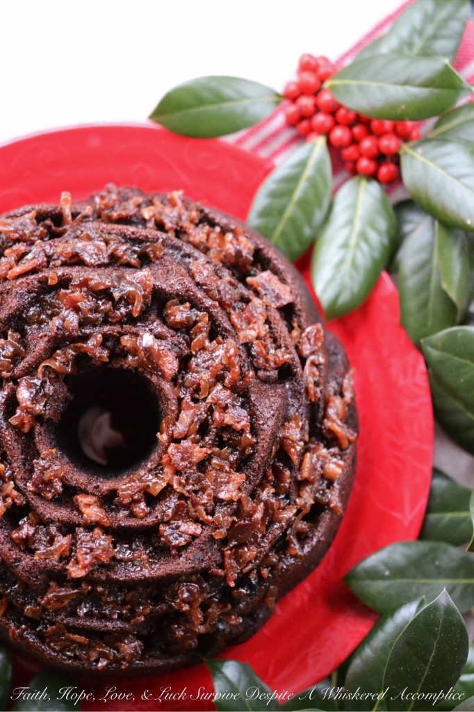 Super Naughty Chocolate Whiskey Bacon Jam Bundt Cake - #BundtBakers | Faith, Hope, Love, and Luck Survive Despite a Whiskered Accomplice