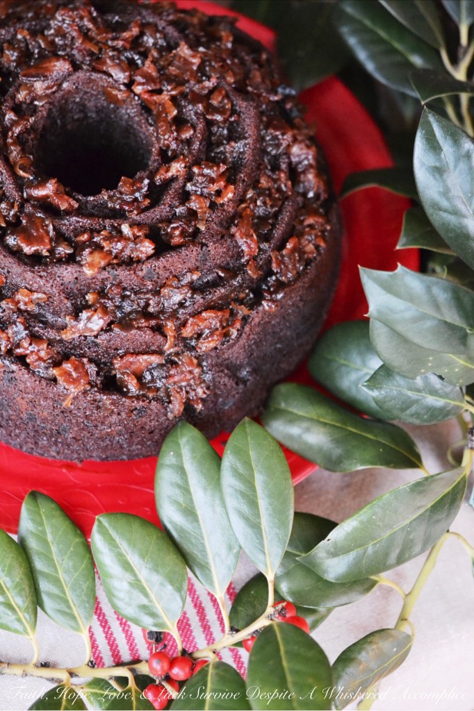 Super Naughty Chocolate Whiskey Bacon Jam Bundt Cake - #BundtBakers | Faith, Hope, Love, and Luck Survive Despite a Whiskered Accomplice