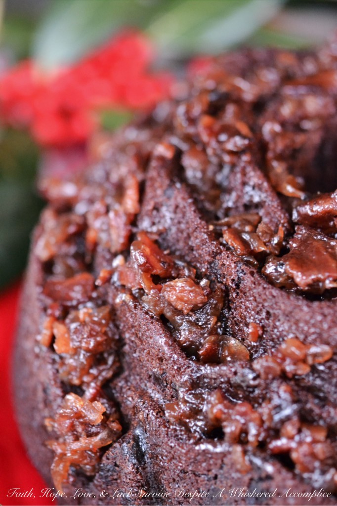 Super Naughty Chocolate Whiskey Bacon Jam Bundt Cake - #BundtBakers | Faith, Hope, Love, and Luck Survive Despite a Whiskered Accomplice
