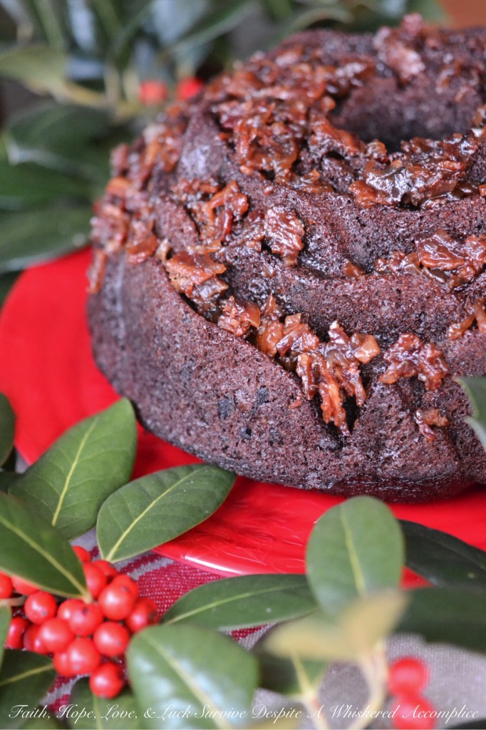 Super Naughty Chocolate Whiskey Bacon Jam Bundt Cake - #BundtBakers | Faith, Hope, Love, and Luck Survive Despite a Whiskered Accomplice