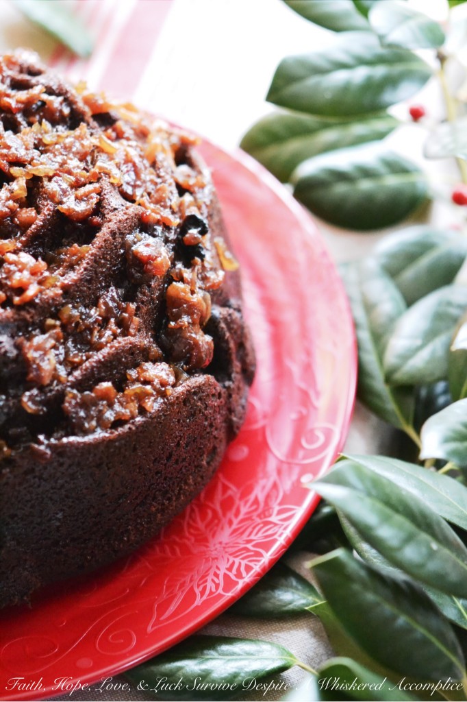 Super Naughty Chocolate Whiskey Bacon Jam Bundt Cake - #BundtBakers | Faith, Hope, Love, and Luck Survive Despite a Whiskered Accomplice