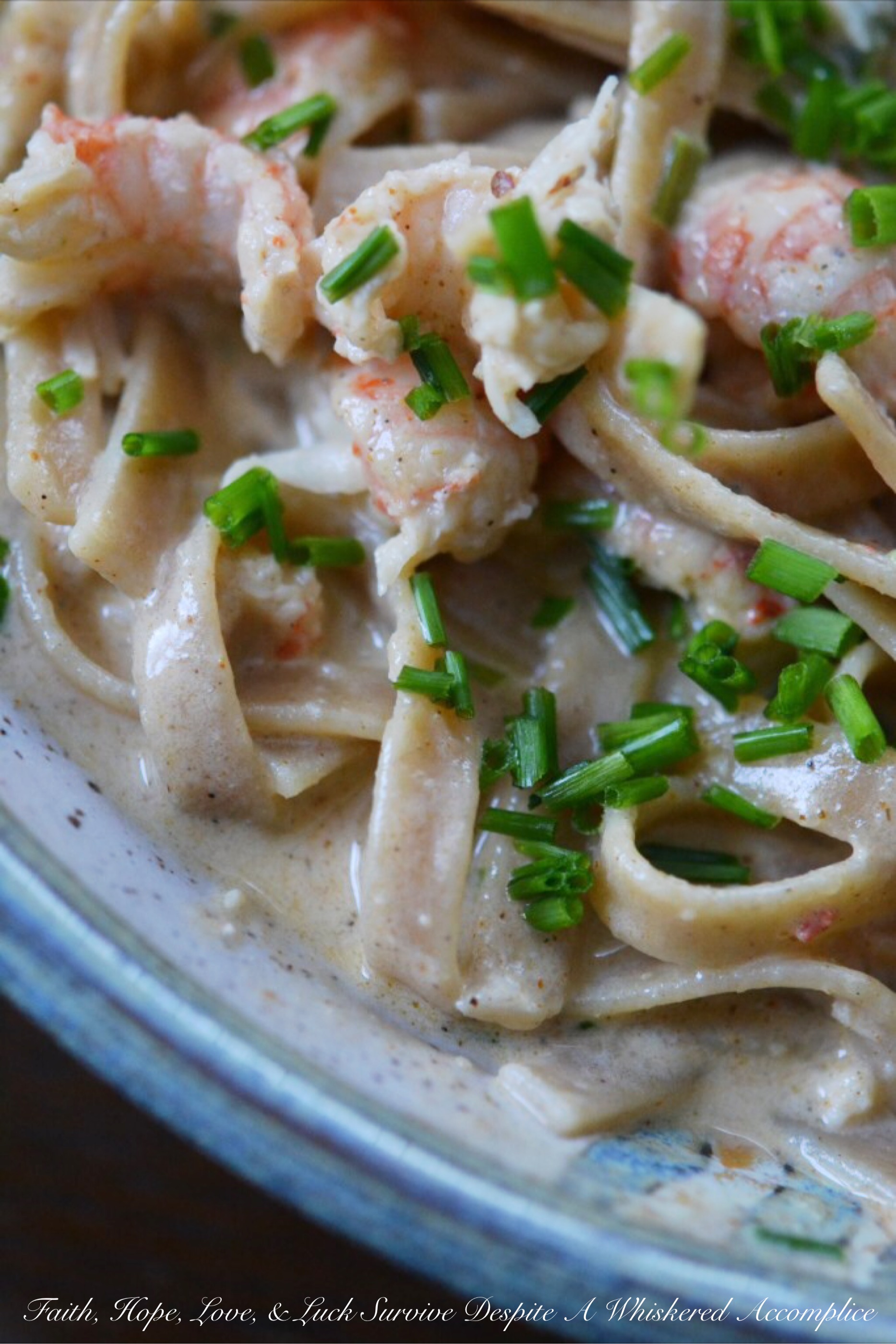 Langostino Cajun Fettuccine - Frozen langostino tails are simmered in a simple cream sauce along with garlic and Cajun seasoning before being piled on top of cooked fettuccine noodles. After being garnished with freshly chopped chives, this creamy, decadent, and slightly spicy pasta dish is ready to serve.