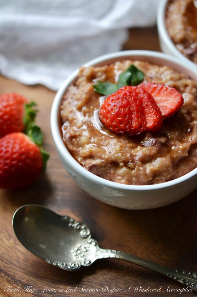 Overnight Crockpot Cinnamon Strawberry Oatmeal - Cozy up this winter, with this sweet strawberry and cinnamon overnight crockpot oatmeal recipe. A few ingredients, fresh strawberries, steel cut oatmeal, and a crockpot or slow-cooker are all you need to make a comforting, warm, and absolutely luscious breakfast that will be waiting for you when you finally decide to roll out of bed in the morning.