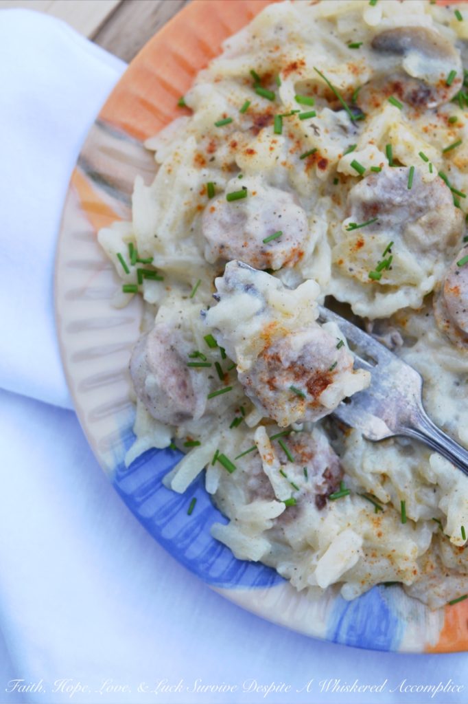 Cheesy Sausage Crockpot Hash Brown Casserole | Faith, Hope, Love, and Luck Survive Despite a Whiskered Accomplice