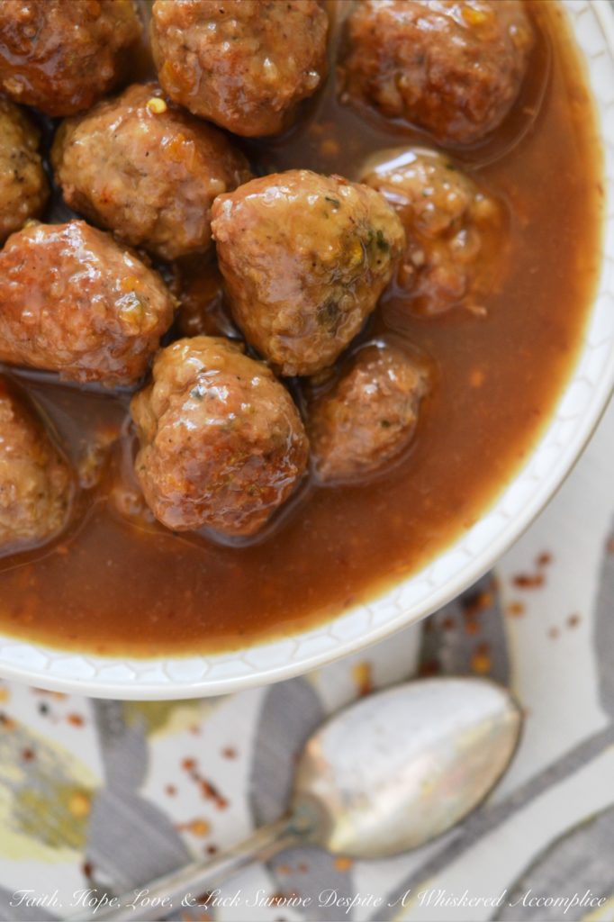 Turkey Meatballs in Spicy Beer Marmalade Sauce | Faith, Hope, Love, and Luck Survive Despite a Whiskered Accomplice