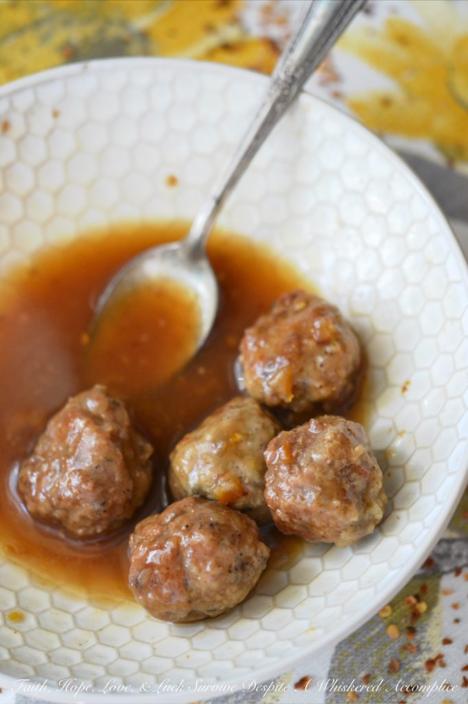 Turkey Meatballs in Spicy Beer Marmalade Sauce | Faith, Hope, Love, and Luck Survive Despite a Whiskered Accomplice