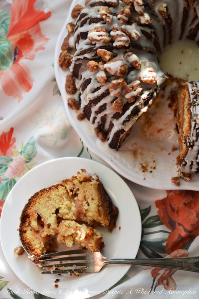 Jewish Praline Pecan Apple Cake - This apple-studded cake is the perfect Autumn Bundt. Topped with crunchy cinnamon praline pecans and drizzled with powdered sugar glaze, it's cake at its very best.