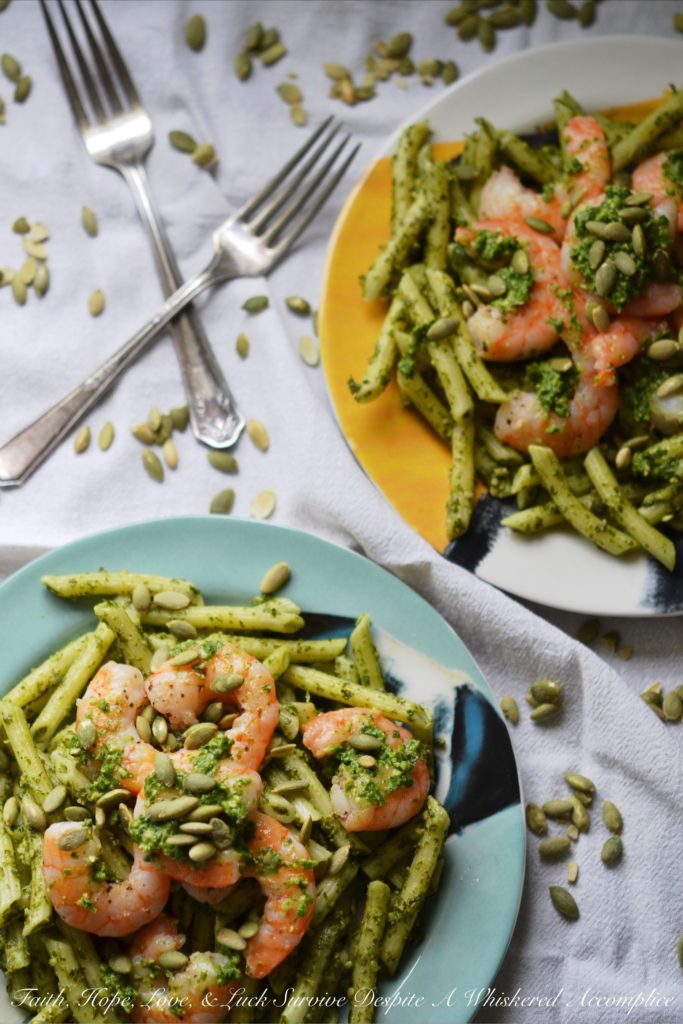 Pepita Pesto-Coated Pasta with Shrimp - Looking for a vibrant and flavorful pasta dish with pesto and seafood that's both satisfying and safe for those with nut allergies? This recipe swaps out traditional pine nuts with salted roasted pepitas, also known as pumpkin seeds, creating a nutty and rich pesto that's safe for those who suffer severe nut allergies. Not only is this Pepita Pesto-Coated Pasta with Shrimp nut allergy-friendly, but it's also surprisingly easy to make, making it a perfect weeknight meal that's sure to impress.