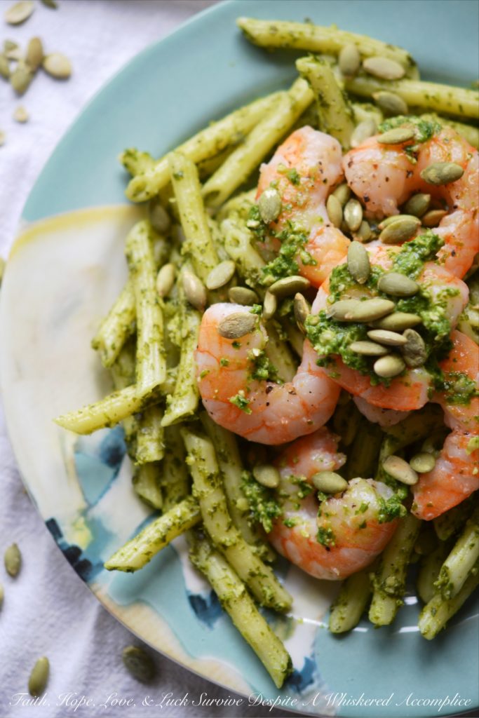 Pepita Pesto-Coated Pasta with Shrimp - Looking for a vibrant and flavorful pasta dish with pesto and seafood that's both satisfying and safe for those with nut allergies? This recipe swaps out traditional pine nuts with salted roasted pepitas, also known as pumpkin seeds, creating a nutty and rich pesto that's safe for those who suffer severe nut allergies. Not only is this Pepita Pesto-Coated Pasta with Shrimp nut allergy-friendly, but it's also surprisingly easy to make, making it a perfect weeknight meal that's sure to impress.