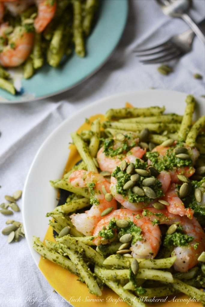 Pepita Pesto-Coated Pasta with Shrimp - Looking for a vibrant and flavorful pasta dish with pesto and seafood that's both satisfying and safe for those with nut allergies? This recipe swaps out traditional pine nuts with salted roasted pepitas, also known as pumpkin seeds, creating a nutty and rich pesto that's safe for those who suffer severe nut allergies. Not only is this Pepita Pesto-Coated Pasta with Shrimp nut allergy-friendly, but it's also surprisingly easy to make, making it a perfect weeknight meal that's sure to impress.