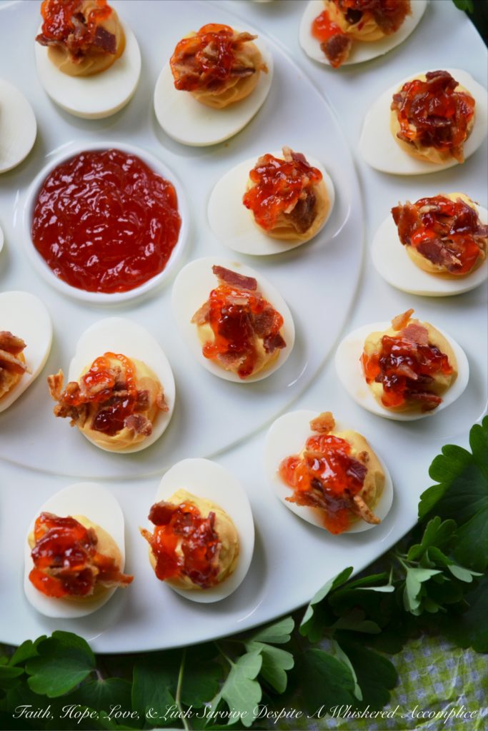 Southern Red Pepper Jelly Deviled Eggs | Faith, Hope, Love, and Luck Survive Despite a Whiskered Accomplice