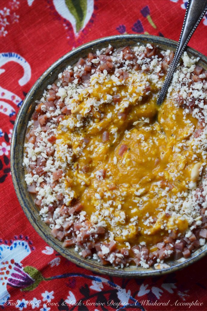 Southern Virginia Sweet Potato Soup - This Southern-inspired sweet potato and thyme slow-cooker or crockpot soup is the perfect excuse to trash up a bowl of soup with lots of extra fixings. Finely diced Virginia ham, shredded extra sharp white cheddar cheese, and roughly chopped Virginia peanuts take this comforting soup from ordinary to extraordinary.