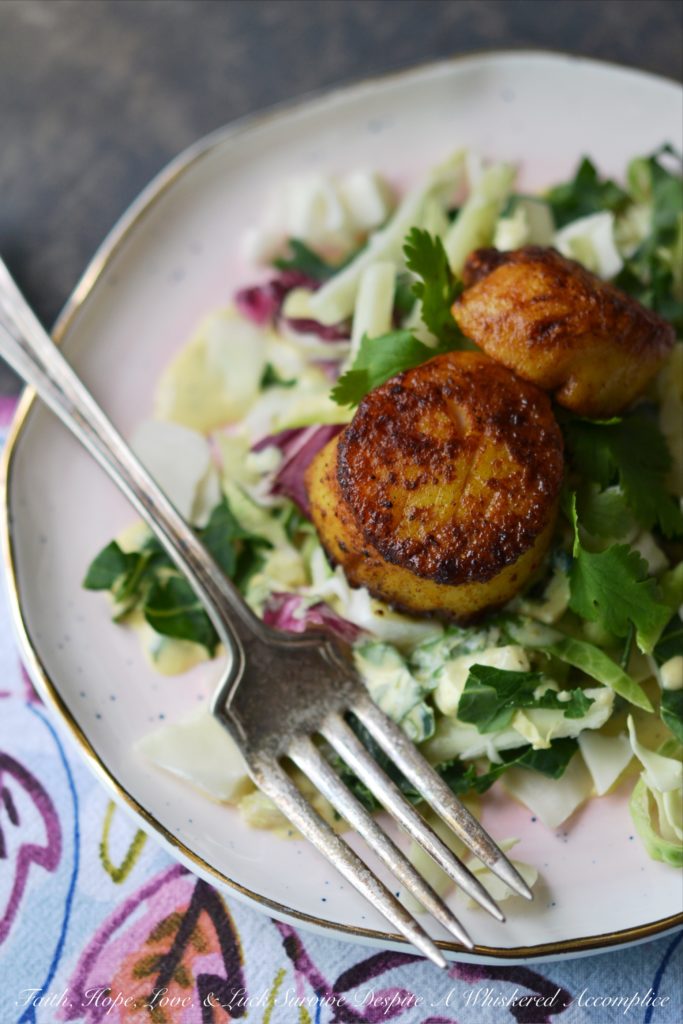 Scallop & Kale Salad with Yogurt Curry Dressing - This delightful appetizer salad will be the hit of your next dinner party with its subtle curry flavor and tangy salad dressing. The yogurt dressing is the perfect complement to the sautéed golden brown sweet curry scallops. If you're looking for an elegant, yet simple salad, this is definitely it.
