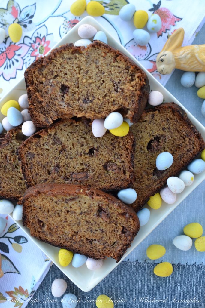 An Easter inspired banana bread that will make every-bunny happy with its delightful taste and abundance of chopped Cadbury Mini Eggs.